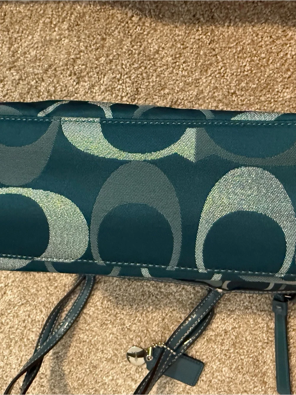 COACH factory F20429 Signature Sateen Tote Shoulder Bag in Teal Blue Metallic